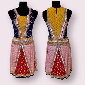 Patrons of Peace Boho Smocked Gauze Sleeveless Dress Pink Blue Red Floral Medium